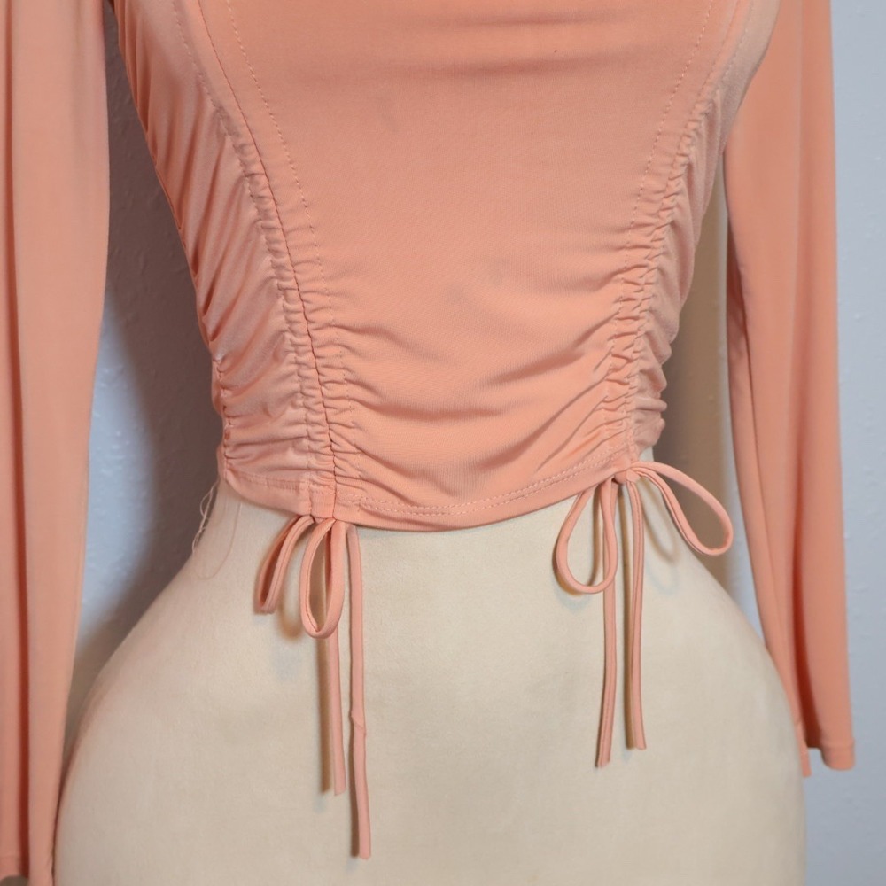 Fashion Nova Women Peach Coral Ruched Drawstring Square Neck Long Sleeve - Picture 3 of 4